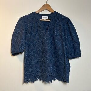 HUDSON NORTH | Navy Blue Eyelet Blouse With Puff Sleeves